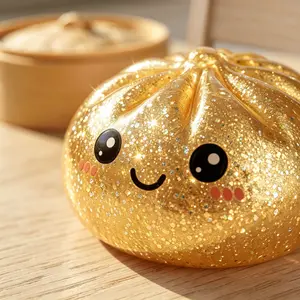 Gold Glitter Dumpling Squishy Fidget Toy Cute Steamed Bun Stress Relief Squeeze for Kids Adults Anxiety ADHD Sensory Toy Kawaii Desk Decor Mochi Dough Ball Stocking Stuffer Birthday Gift Party Favor Mood Booster Fun Essential Toy Indoor Entertainment