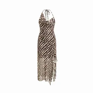 Cider Mesh Zebra Striped Halter Neckline Asymmetric Draped Maxi High-Low Dress