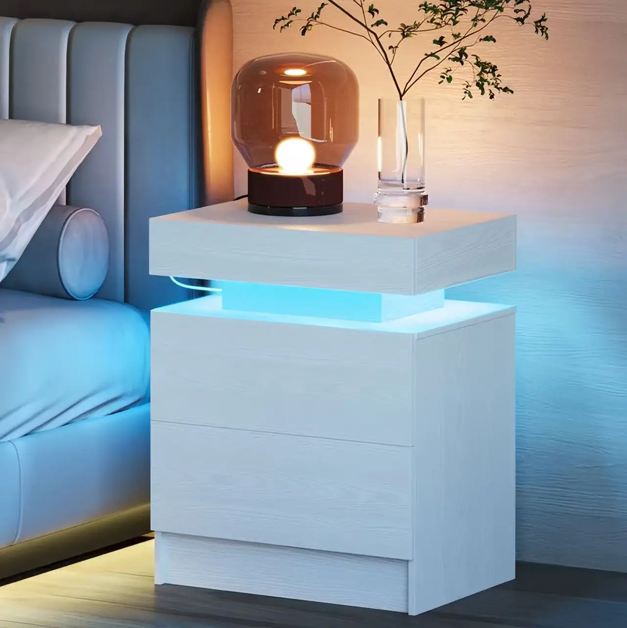 Nightstand with Charging Station and LED Lights Furniture Bedroom Modern Design Bedside Table Drawer Home
