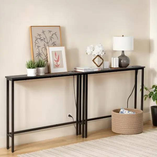 Ubesgoo Narrow Console Sofa Table (1/2 Pack) - 39.4" Indoor Furniture with Power Outlets, USB Ports, Metal Frame, 4.9ft Extension Cord Charge Station, 21.6lb, Fits 5.9" Gaps