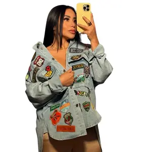 Patched Y2K Denim Jacket Full Design - Women's Casual Fitted Long Sleeve Top with Nostalgic Patchwork Style for Everyday Wear
