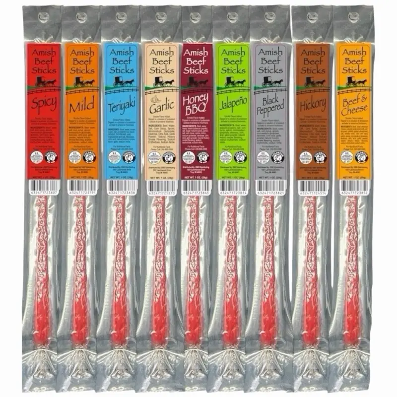 Beef Sticks 4ct - 4 Individually Wrapped - One Ounce - Amish Beef Snack Sticks Jerky Meat Cheese Crunchy Freeze Dried