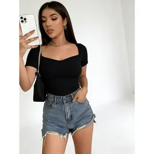 Premium Spice Girl Square Neck Short Sleeve T-Shirt Women's Summer New Slim and Skinny Solid Color Short Navel Top Fashion