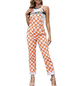ODEFOU Women's Plaid Elastic Denim Slim-Fit Sleeveless Adjustable Workwear Overalls - All-Seasons Stretch Bib Romper for Tennessee Football Tailgate Game Day