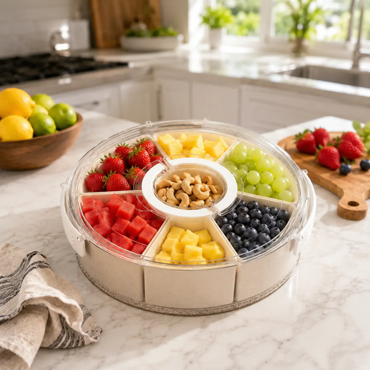 Airtight Round Divided Snack Organizer Box - 6-Compartment, 12" Dia., 2.3in Deep, 3in Height, Sturdy Ultra-Large Capacity Kitchen Preserving Container with Smooth Handle, Lid, 360° Smooth Spinning Base, Leakproof for Kids Snacks, Fresh Food Prep