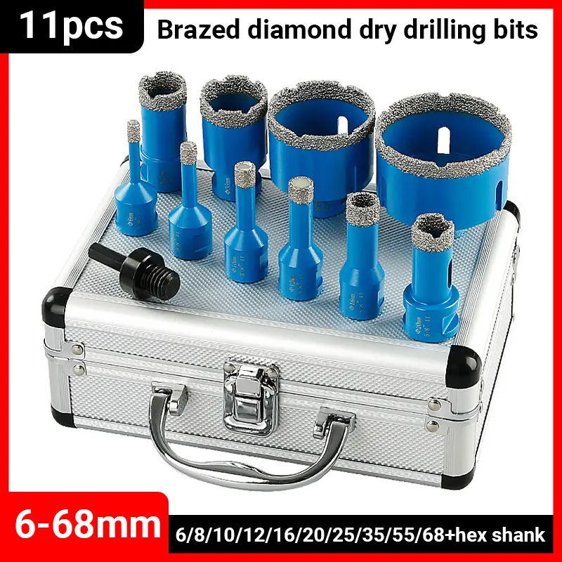 11PCS 5-8-11 Thread Brazed Diamond Dry Drilling Bits Hole Saw Set For Ceramic Tile Porcelain Granite Marble Hole Opener Tool
