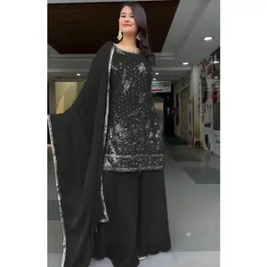 RICH LOOK GEORGETTE EMBROIDERY SEQUENCE WORK TOP PALAZZO WITH DUPATTA BLACK