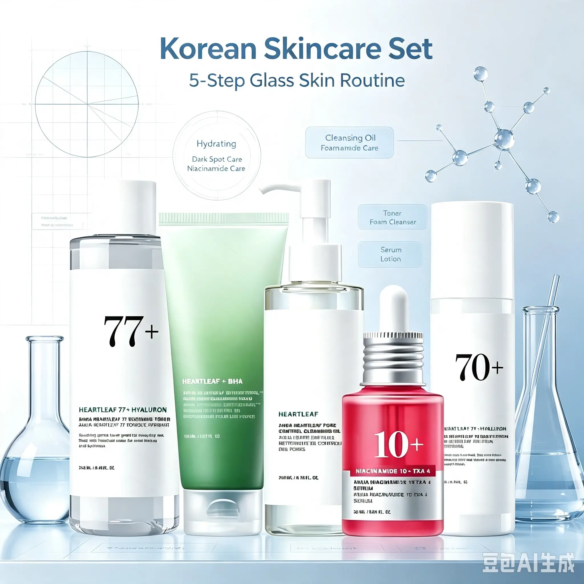 Korean Glass Skin Skincare Set | 5-Step Hydrating Routine with Cleansing Oil, Foam Cleanser, Toner, Dark Spot Serum & Moisturizer | Niacinamide Glow Care