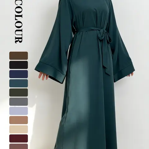 Women's Nida Long-Sleeve, Wide-Sleeve Modest Tunic Dress with Waist Belt, Muslim and Islamic Clothing, Arabic Maxi Dress, Available in 12 Colors and 5 Sizes, for Eid and Ramadan