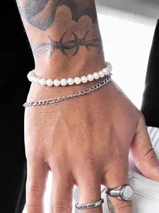 Two-Piece Faux Pearl Bracelet Set, Fashion Daily Wear Jewelry, Perfect Gift for Men, Stylish Accessory for Everyday Use, Beaded Bracelet Set