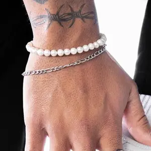 Two-Piece Faux Pearl Bracelet Set, Fashion Daily Wear Jewelry, Perfect Gift for Men, Stylish Accessory for Everyday Use