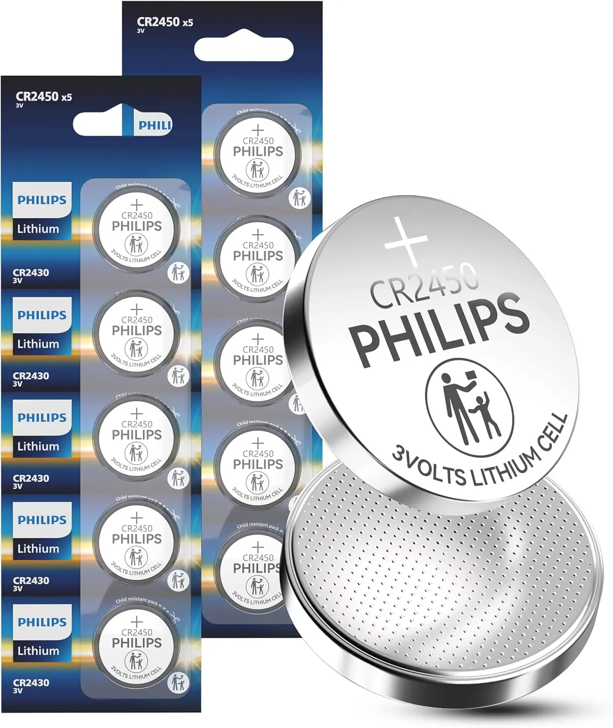 PHILIPS CR2450 3V Lithium Button Cell Battery, 10 Pack, 10 Year Shelf Life | Leak Proof, Child Resistant Packaging Works with Key Fob & Home Electronics