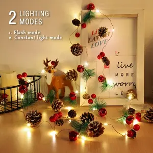 MICRENCY LED Fake Christmas String Lights 6.56 feet 20-LED with Red Berries Pinecones Pine Needles and Bells for Christmas Trees Home Spaces Fireplaces and Party Indoor Decoration 2 Lighting Modes