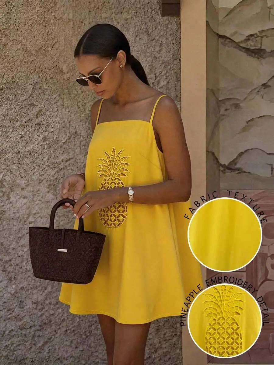OGKN Women's Summer Pineapple Embroidery Dress, Spaghetti Strap Casual Vacation Dress, Hollow Design Beach Resort Wear