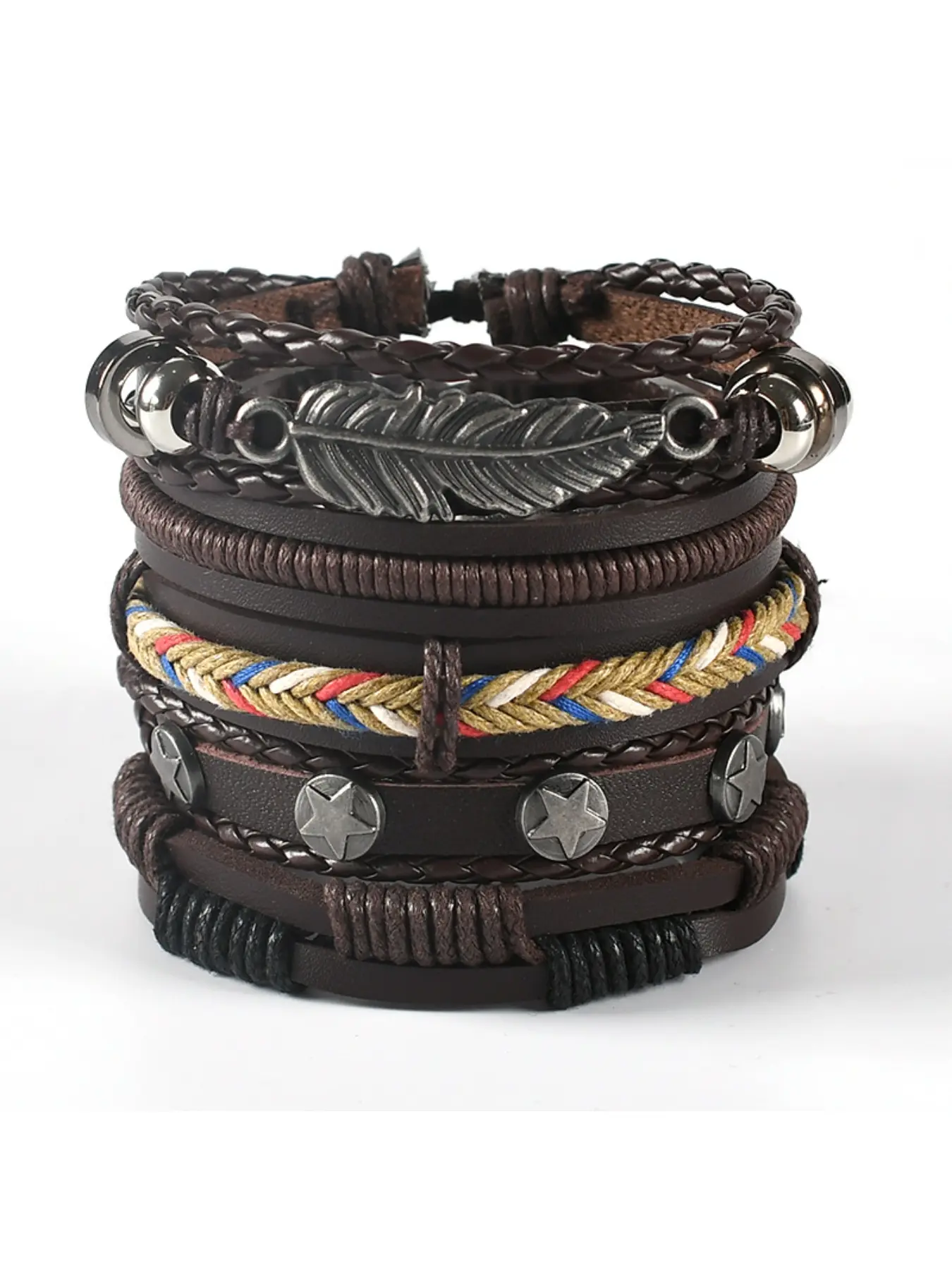 Brown Leather Multi-Layer Bracelet Set, Vintage Bohemian Bracelets Western Jewelry with Feather Charm, Star Rivets & Adjustable Knot for Men's Daily & Casual Wear