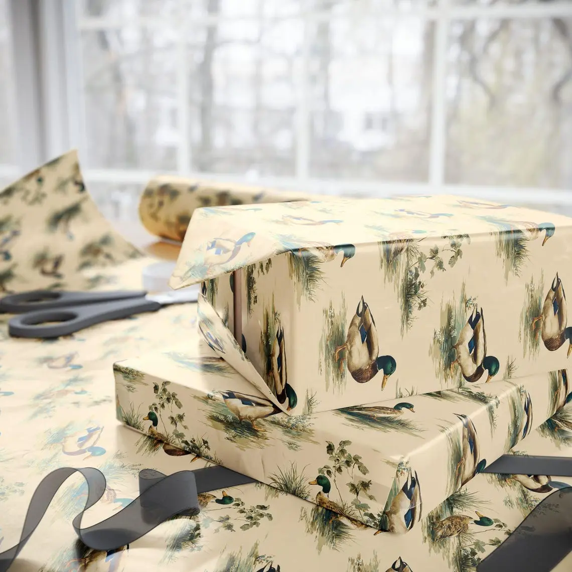 Elegant Mallard Duck Gift Wrap ,Vintage Duck Hunting Paper for Men, Derby Party, Father’s Day, Christmas & Luxury Wrapping Roll