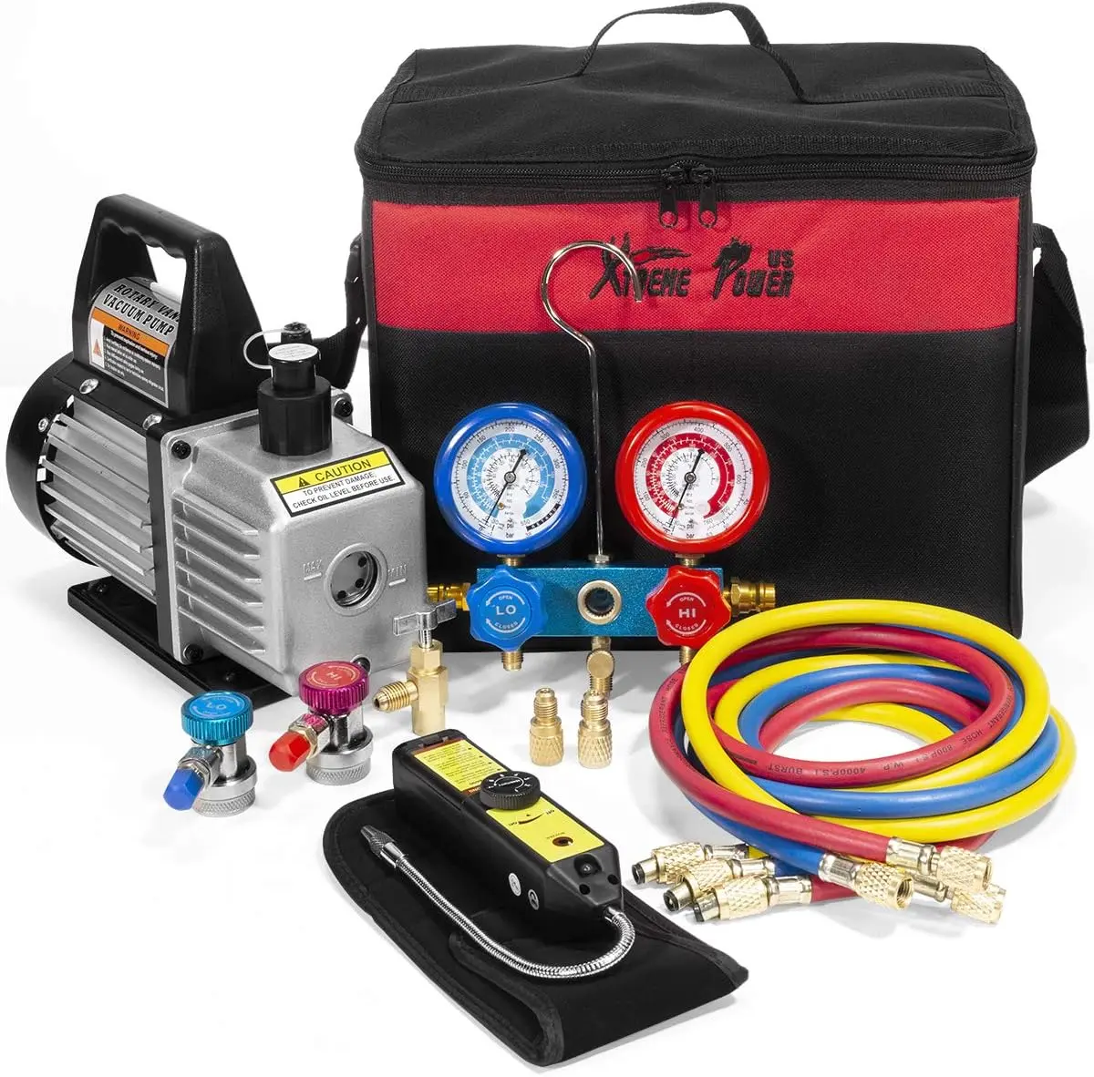 XtremepowerUS High-Performance 4CFM Aluminum Body Single-Stage Rotary Vane Automotive A/C Vacuum Pump - Manifold Gauge, Can Tap, Leak Detector, Carry Bag, HVAC Refrigerant Service Hand & Work Tools for Deep Evacuation, Hand Tools