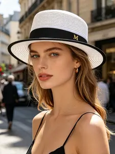 Weave&wild Letter M Brooch Patchwork Handmade Straw Hat, French Luxury Wide Brim Sun Protection, Urban Women's Daily Wear