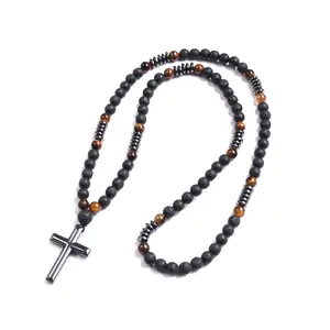 Women's Blackmetal Bohemian Cross Necklace - Matte Black Pendant with Natural Tiger’s Eye Stones, Intricate Beadwork, Versatile for Daily & Formal Wear, Avant-Garde Costume Jewelry (Includes Pendant), Blackmetal Necklaces