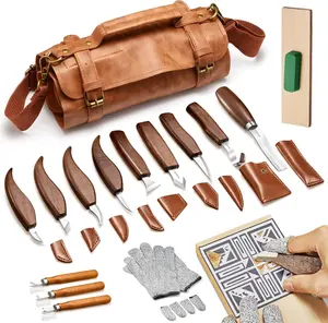 Carving Kit, 17 count  Carving Tools, Professional Whittling  Set, Wooden Hand  with Sheath & Deluxe Leather Roll Bag for Beginners Adults & Starter Woodworking