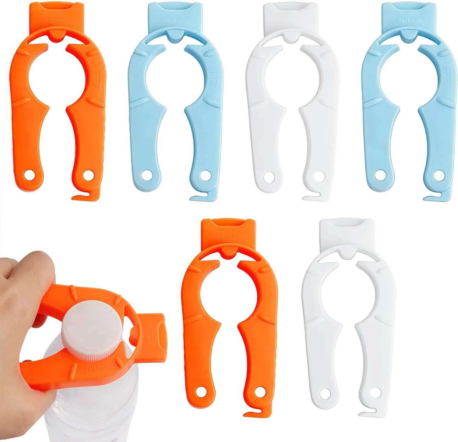 Plastic Bottle Cap Opener, 3-in-1 Multi-Purpose Gripper Water Bottle Opener for Arthritic Hands, Easy-Twist Jar Opener Tool for Kitchen, Camping & Outdoor Use (Orange, Blue, White)