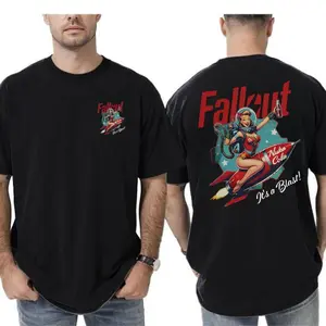 Fallout Nuka Cola Pinup Girl Graphic T-Shirt |   Double Sided Print Short Sleeve Crew Neck Tee |   Retro Gaming Fashion TopFallout "It's a Blast!" Nuka Cola Pinup T-Shirt |   Retro Vintage Cotton Short Sleeve Tee |   Gamer Streetwear Top for Men & Women