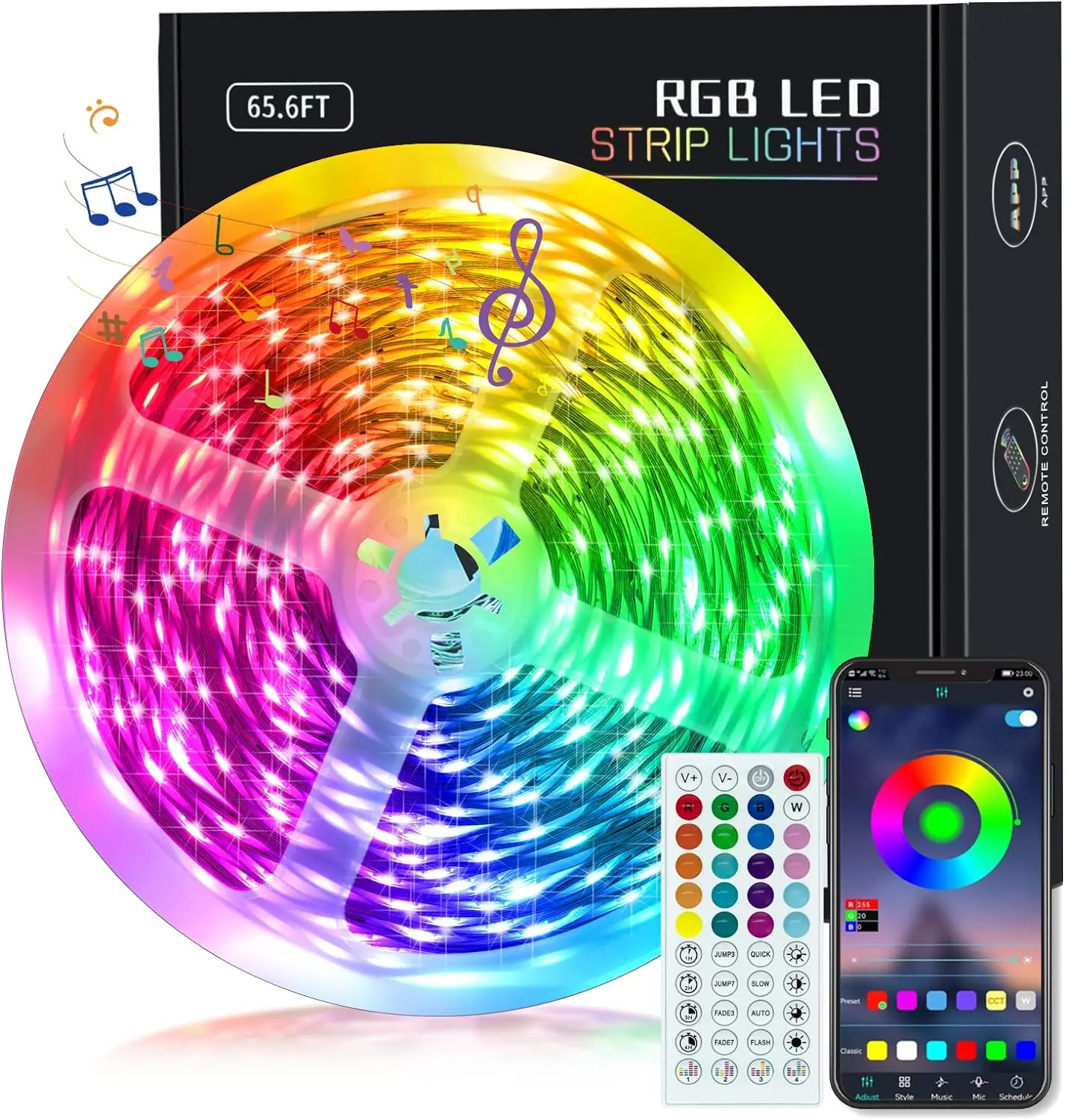 65.6ft LED Lights for Bedroom, Music Sync RGB LED Strip Lights with APP & Remote Control, Luces LED