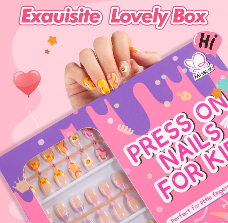 Misssix 78 Pcs Press on Nails for Kids, 3 Pack Kid Fake Nail Kit Cute Press on Nails, Old Colorful Flower Glue On Nails Stick On Nails for Girls 8-12 Years