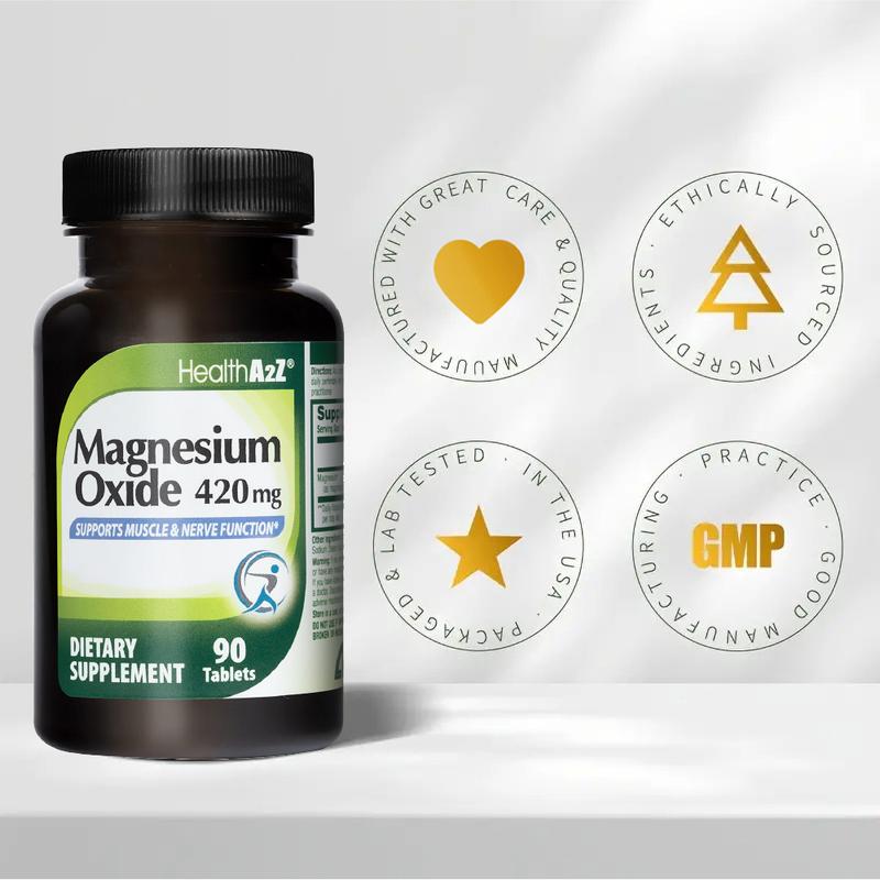 HealthA2Z Magnesium Oxide 420 mg - 90 Tablets (Pack of 1) - Supports Muscle & Nerve Health, Restful Sleep, Stress, Natural Beauty & Energy - High Absorption