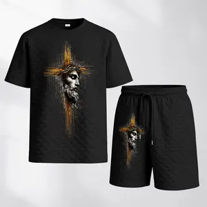 Men's 2-Piece Christian Cross Outfit - Jesus Faith Graphic T-Shirt & Breathable Textured Fabric Shorts, Elastic Waist, Religious Streetwear, Summer Casual Athletic Tracksuit for Gym Lounge, Christian Gift