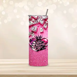 Pink Glitter Tumbler with Crown Design and 'Keep Choosing You' Quote - Perfect for Coffee and Tea Lovers Washable Bottle Drinkware