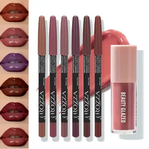 ROZZLA Waterproof Lipliner & Lip Gloss Set Silky Matte Lipliner & Nourishing Lip Gloss Smooth Vibrant Color Easy to Layer Moisturizing Hydrating for Stage Performances Parties Dates
