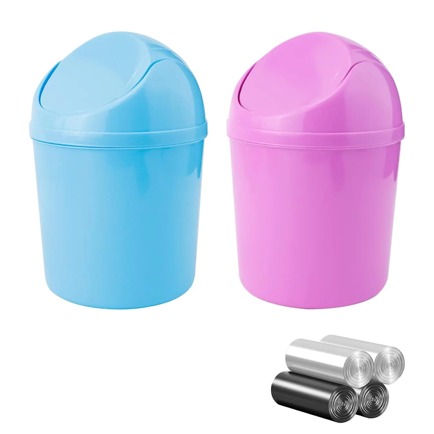 Home Supplies 2-Piece Durable Plastic Mini Desktop Bin with Swing Top Lid, 120 Trash Bags Included, Small Kitchen Waste Container for Home, Office (Blue + Purple) Garbage Can Organizer Stainless Steel Bin