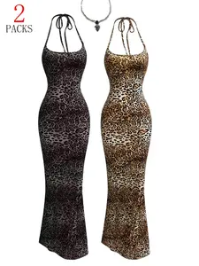Y2K Campus Leopard Halter Neck Dress Set, Two-Piece (leopard//gradient), Slim-Fitting Fish Tail Skirt, Vintage Wild Style, Womenswear