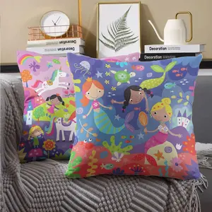Cartoon Mermaid & Girl Pattern Cushion Cover, Soft Comfortable Pillow Cover, Household Decoration Supplies for Home Living Room Bedroom