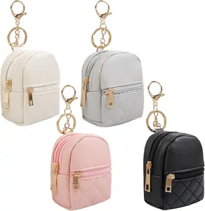 4PCS Mini Backpack Keychain Cute Cosmetic Bag for Women PU Leather Makeup Bag Key Pocket Lipstick Bag Card Holder Data Cable Organizer Zipper Pouch in Black Beige Pink Gray