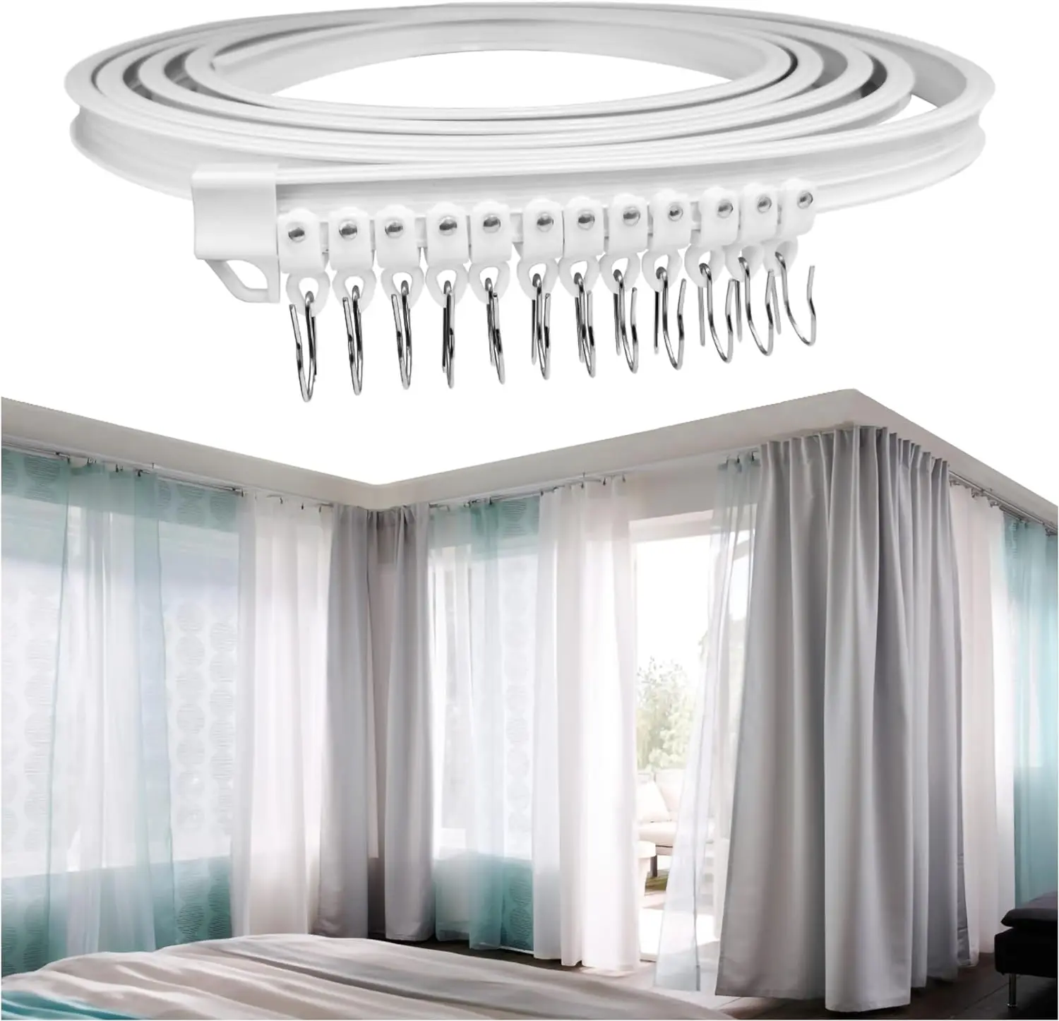 HTTMT- 16.4Ft Flexible & Bendable Ceiling Curtain Track Trail Wall Mount Hooks Liners Hangers Curved Curtain Tools RV Window Curtain Rod Curtain Room Rail Track Visit the HTTMT Store