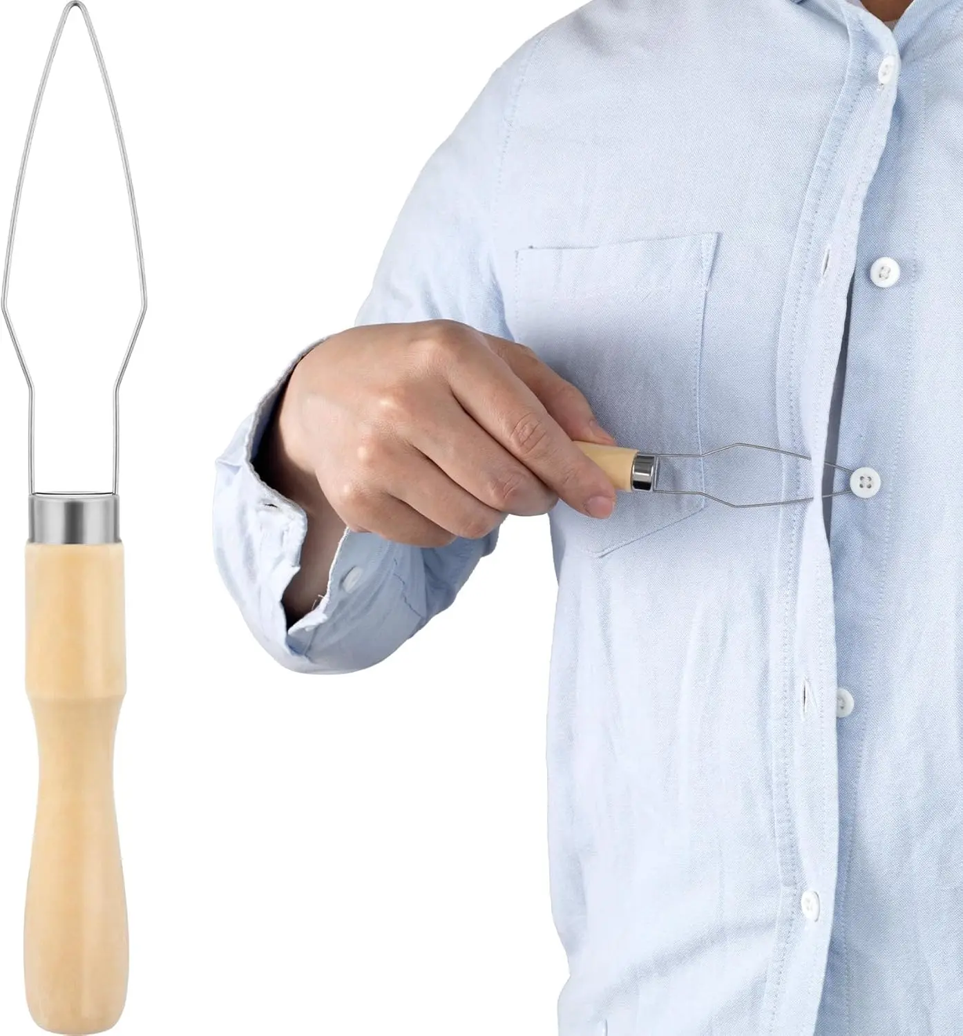 Easy Button Hook, Steel Button Assist Tool for the Elderly, Wide Wooden Handle, Elderly Assistive Button Fastener Device, One Handed.