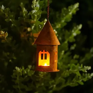 Vintage Medieval Castle Candle Lantern - Rustic Iron Hanging chapel, Patio, Garden, Living Room Decor - No Electricity Needed, Easy Chain/ Rope Hanging - Indoor/Outdoor Decoration for Halloween, Weddings, Themed Parties - Durable Candle Holder, Witchy Hom