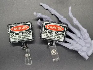 Black Warning Glitter Acrylic Badge Reel