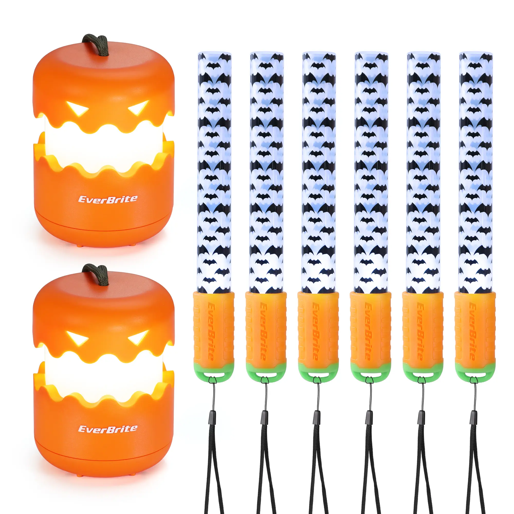 #toolupgrade EverBrite Halloween Pumpkin Lantern and Bat Glow Stick Set, Collapsible Jack O Lantern Lights with Lanyard, Indoor/Outdoor Halloween Party Decorations, Battery Included