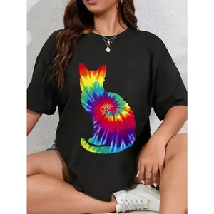 🎉 100% Cotton Unisex Tie Dye Cat |   Colorful Tye Dye Kitten T-Shirt Tie Dye Cat Shirts Casual Graphic Printed Tee