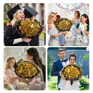 DIY Sparkly Imitation Rose Bouquet Gift Set 24Pcs with Flower Wrapping Paper 3D Butterfly Crown for Anniversaries Valentine's Day Mother's Day Birthdays Pink Red Artificial Flower Decoration