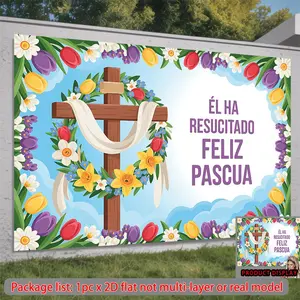 1PC,2D Flat Spanish Easter Decoration Backdrop, "ÉL HA RESUCITADO FELIZ PASCUA" Religious Theme Photography Background, Church Festival Event Decor Banner, Cross & Flower Pattern Photo Backdrop fo