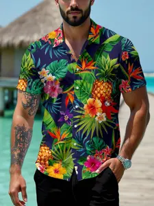 Men's Tropical Pineapple Aloha Hawaiian Vacation Shirt, Casual Fitted Short Sleeve, All over Print, Summer Fashion