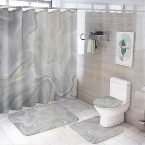 Marble Pattern Bathroom Accessories, 4 Counts/set Including 1 Shower Curtain with 12 Hooks, 1 Toilet Lid Cover, 1 Rectangular Mat, 1 U-shaped Mat