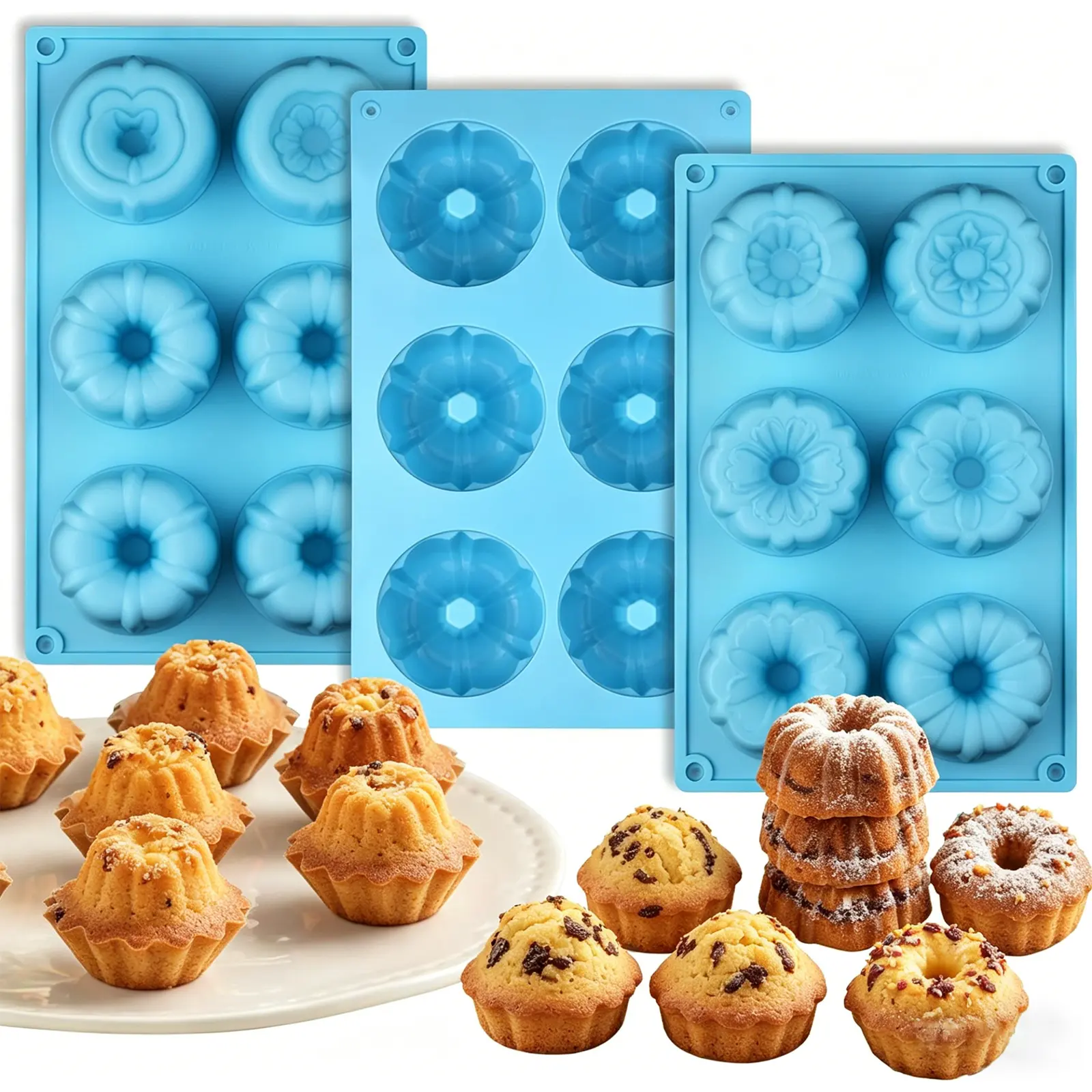 Mini Fluted Tube Pan Silicone 6-Cavity(3PCS), Multi-Cavity small Cake Baking Pan, mini moldes para chocoflan