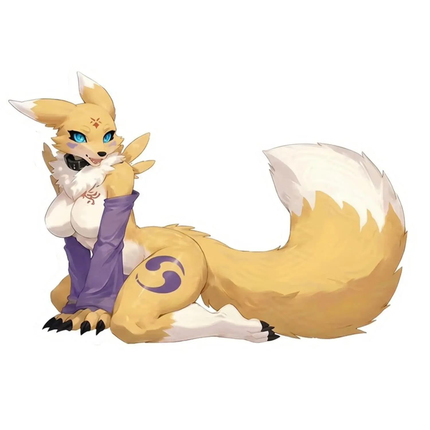 Cute Kitsune Fox Anime Vinyl Sticker, Fluffy Golden Fox Spirit Character Decal with Big Tail and Bright Blue Eyes, Fantasy Furry Art Sticker for Laptop, Water Bottle, Car Window