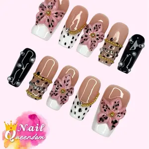 Nail Queendom [WILD BLOSSOM] Handcrafted 3D Press-On Nails Reusables Long Lasting Salon Quality Easy Application 10 Pieces Set Eco-Friendly 3D-gel Finish