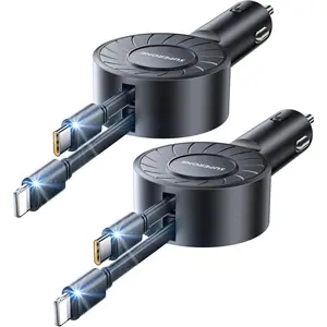 [2 Pack]  Retractable Car Charger, 3 in 1 Small Fast Car Phone Charger, Retractable Cables for iPhone & Type-C, Compatible with iPhone 16/15/14/13/12/11 Pro Max/XR/XS, iPad, Galaxy, Pixel